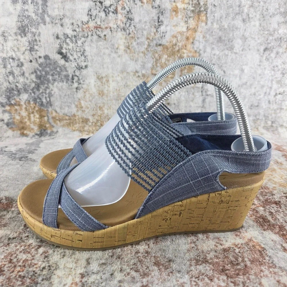 Skechers Beverlee High Tea Wedge Sandals Women 9.5 Blue Denim Elastic Strap Cork